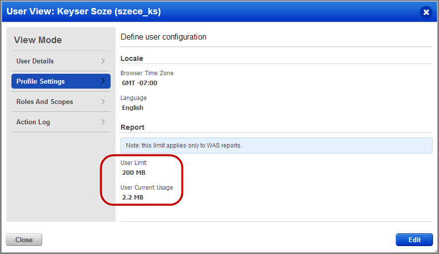 User limit and disc space used by user is displayed in Report section of the profile settings.