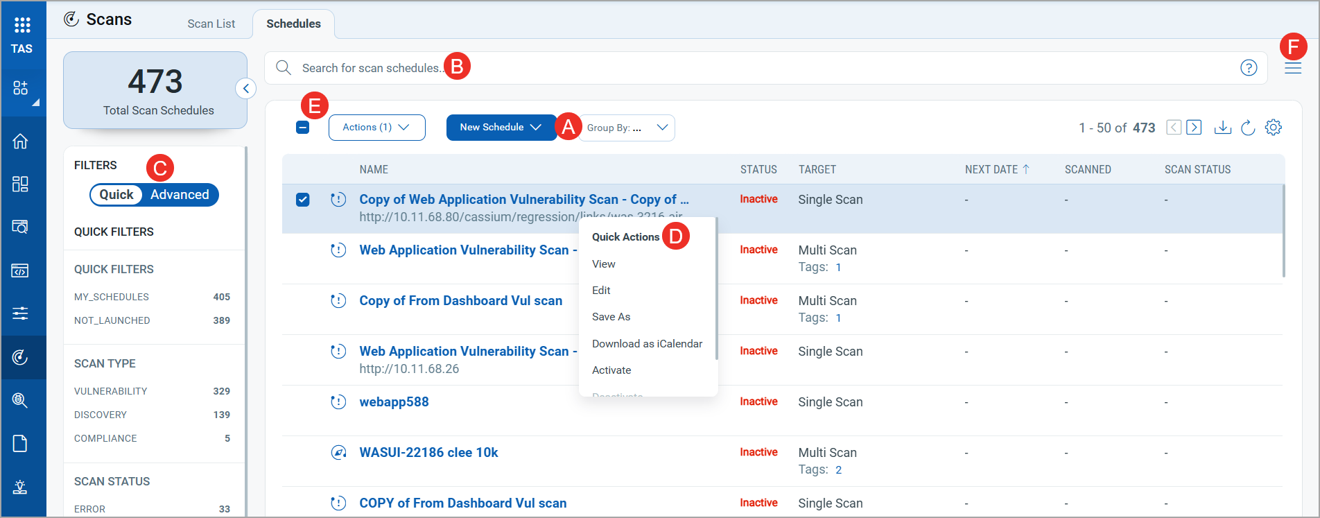 scan schedule landing page.