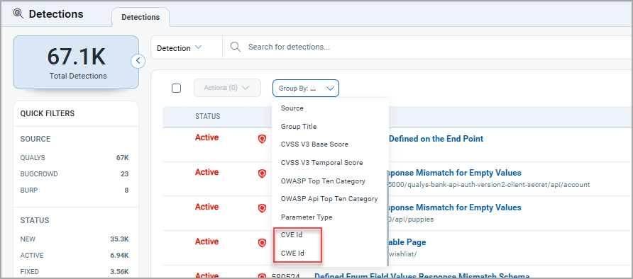 New Criteria CVE and CWE ID in Group by in Detections.