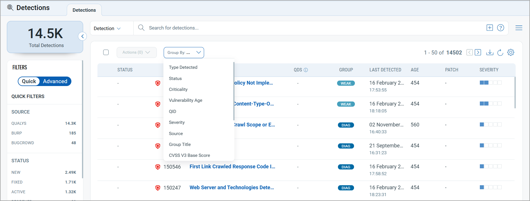 Group by option in Detections tab.