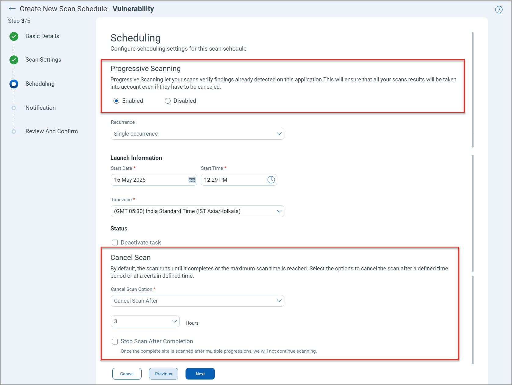 Progressive Scan and Cancel Scan options in the Scheduling page.