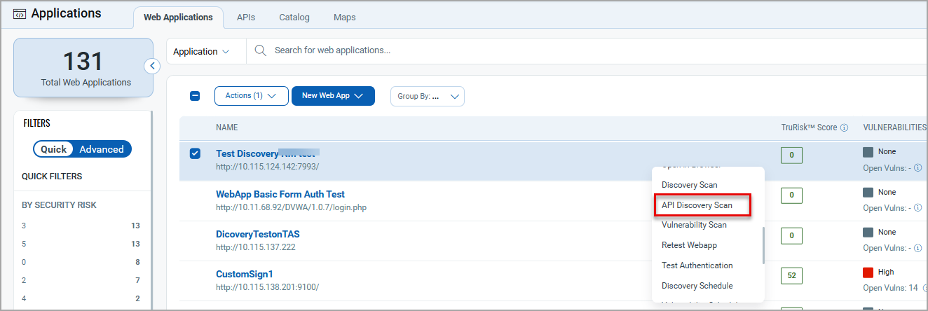 Launch API Discovery Scan on an existing web application from Quick Actions.