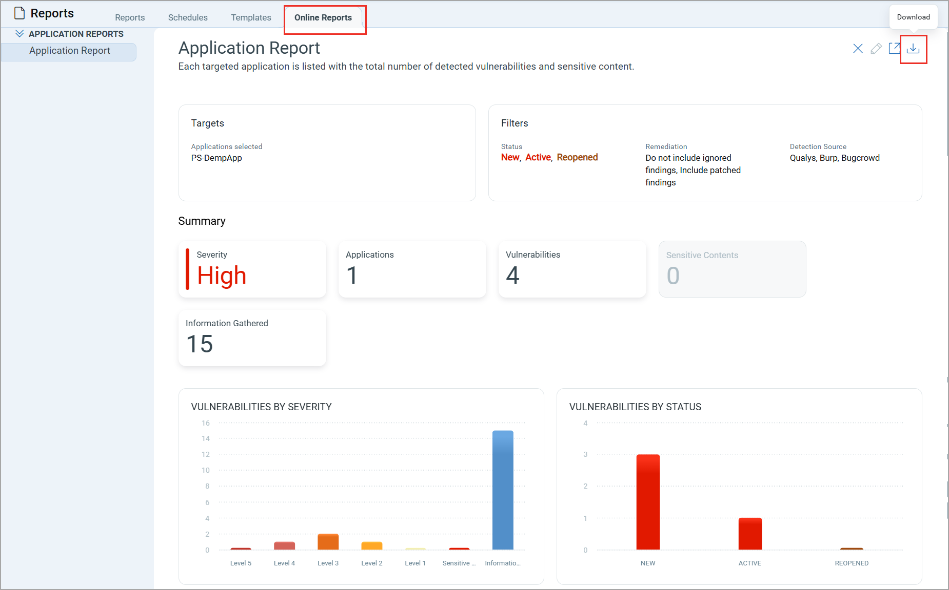 Download option for API report in the Online Reports tab.