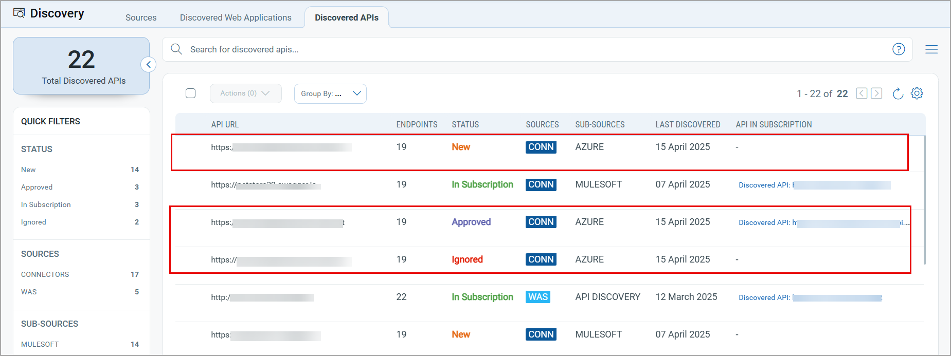 APIs discovered with Azure API connectors in the Discovered APIs tab.