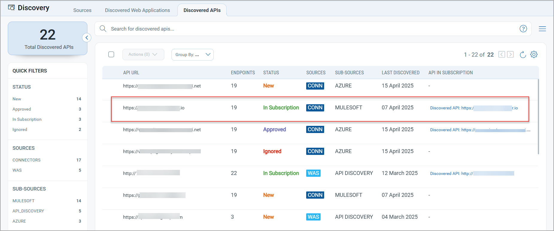APIs discovered with MuleSoft connectors in the Discovered APIs tab.