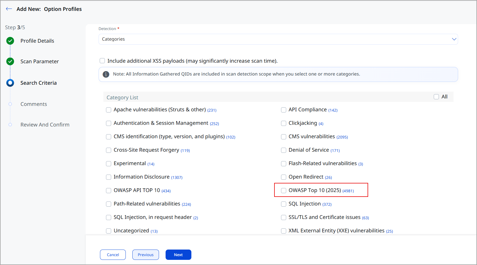 The OWASP 2021 is removed and only OWASP Top 10 2025 is available.