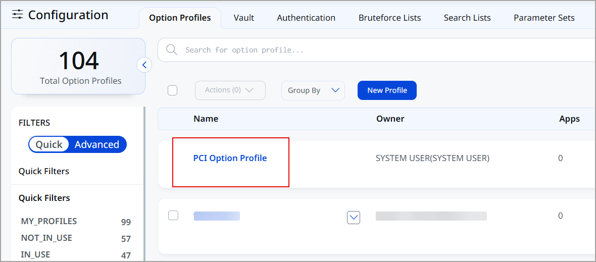 New read-only PCI Option Profile listed in the Option Profiles list.