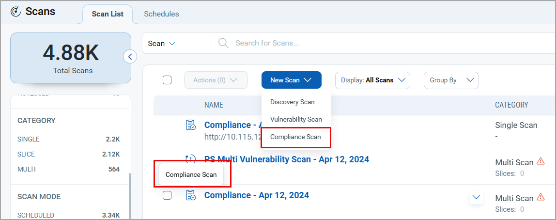 API Compliance renamed to Compliance Scan in the Scan List tab.