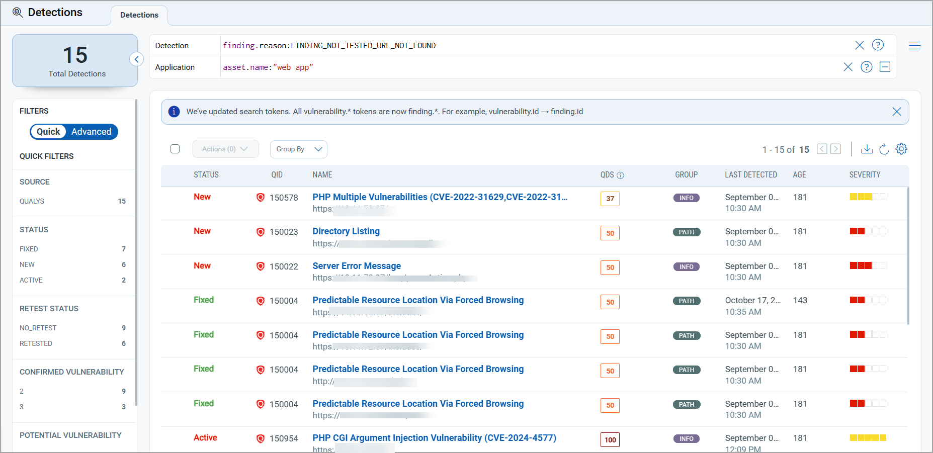 finding.reason QQL token in the Detections tab.