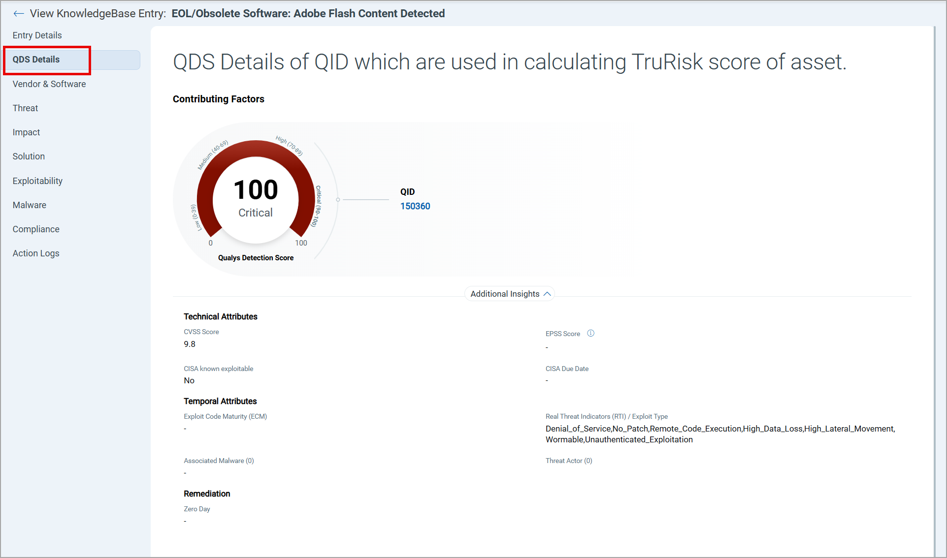 QDS Details in the Knowledge Base tab.
