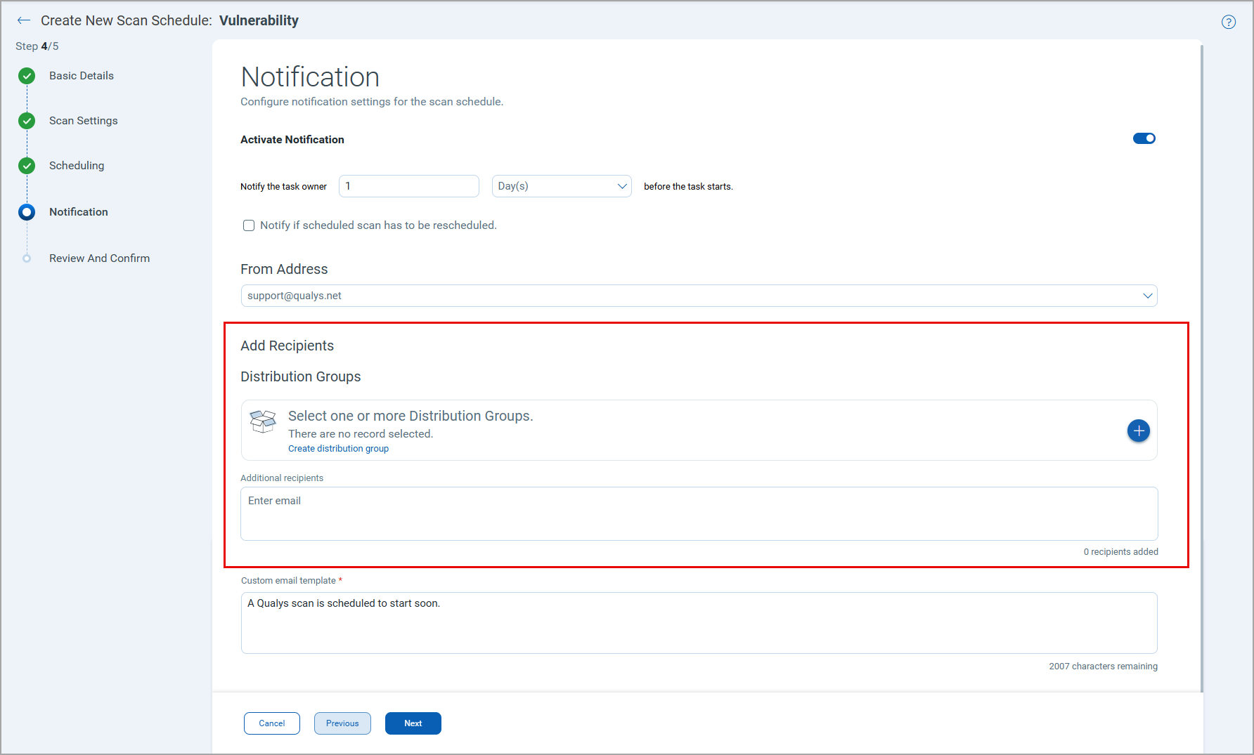 Distribution group addition option in Notification page in Scan Schedule.