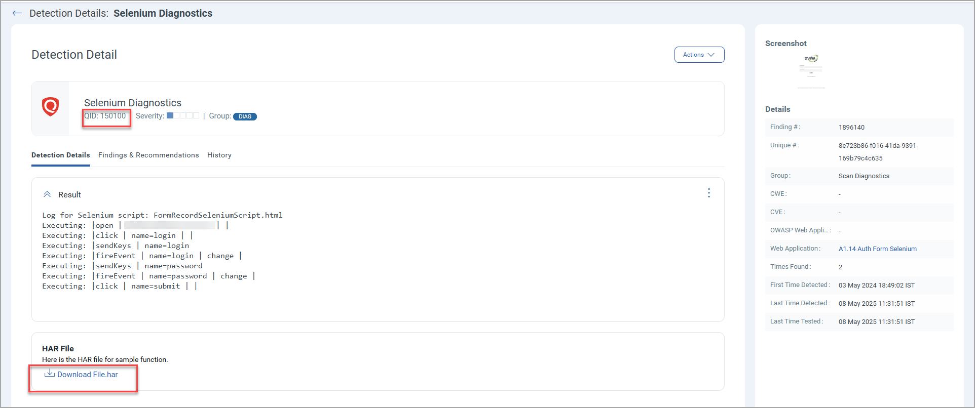 The HAR file download option in the Detection Details page.