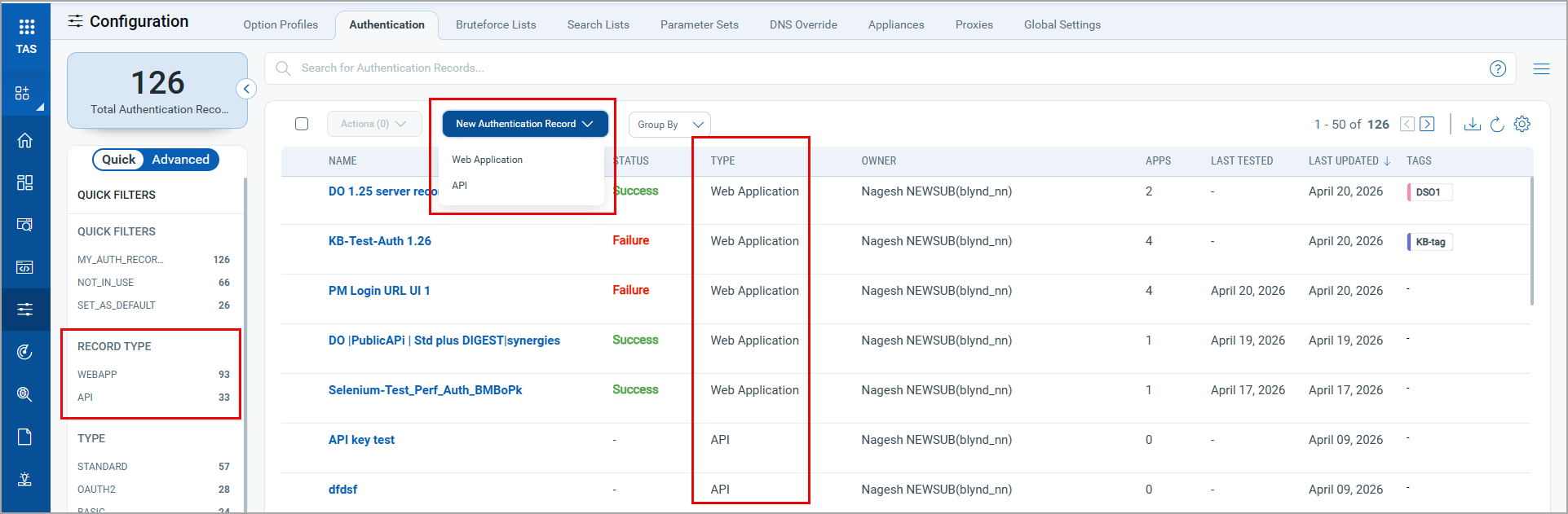 Two options in the New Authentication Record.