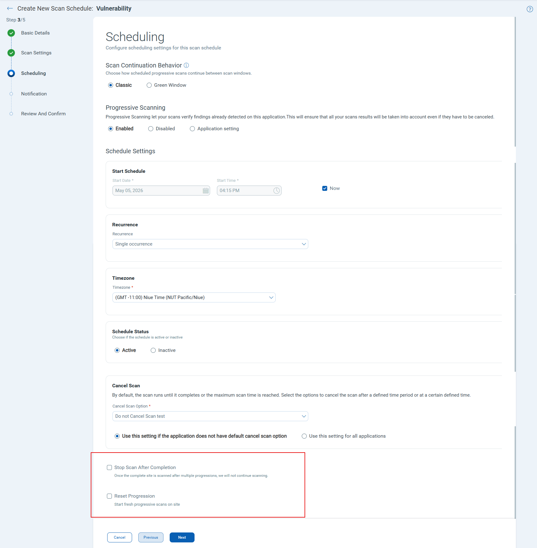 Reset Progression and Stop Scan After Completion in Scan Scheduling.