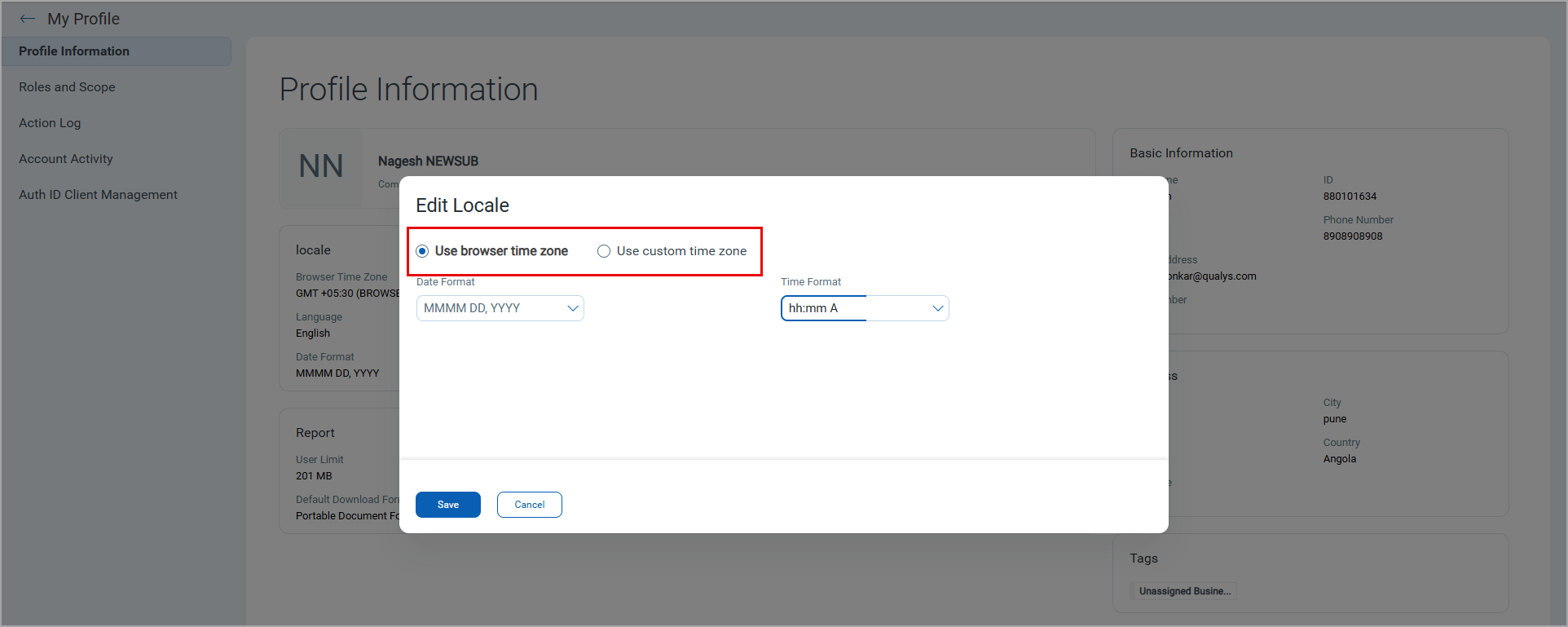 Time zone setting in the user profile.