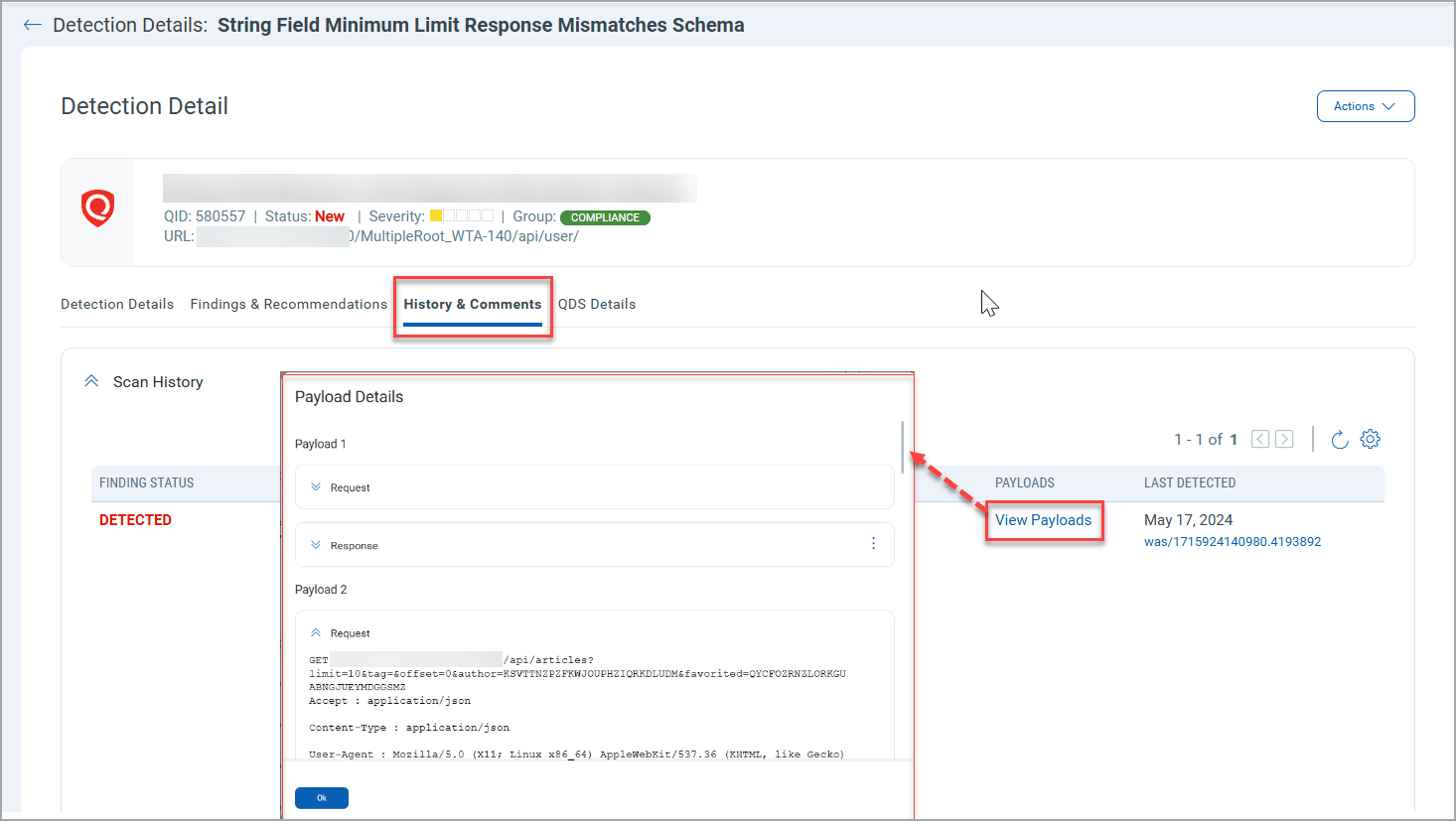 View Payloads option in Detection Details page, History & Comments section.