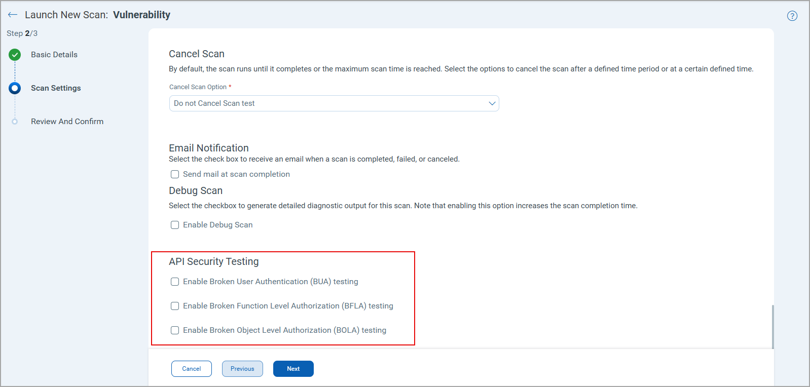 API Security Testing in Vulnerability Scan Settings.