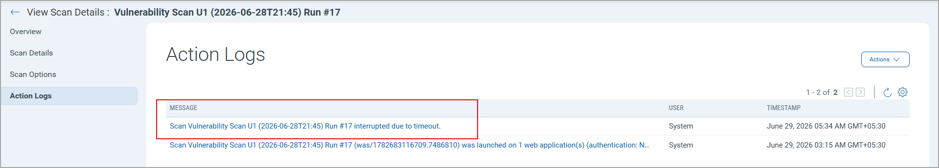 Action Logs mentioning the specific timeout error message.