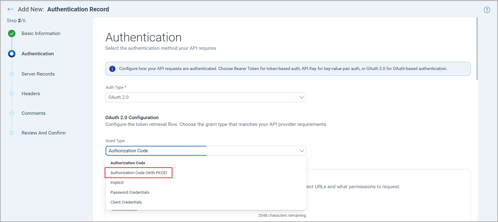 New grant type Authorization Code with PKCE in authentication record creation.