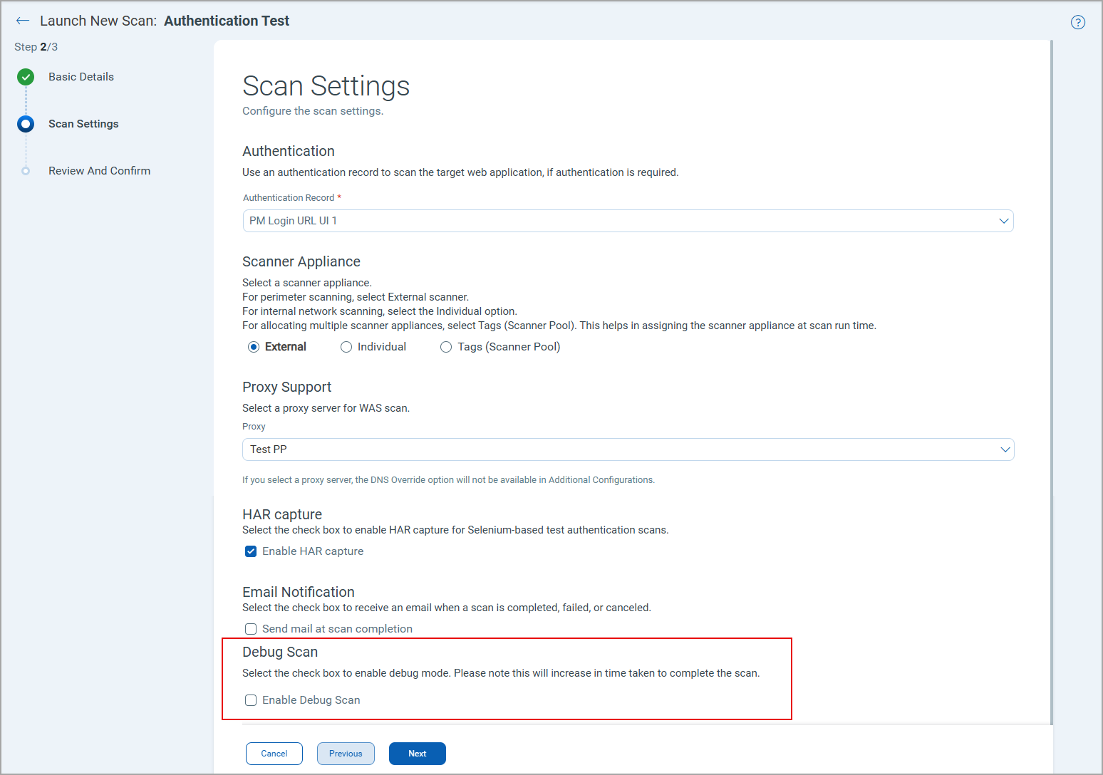 Enable Debug Scan in the Scan Settings page in the Test Authentication scan.