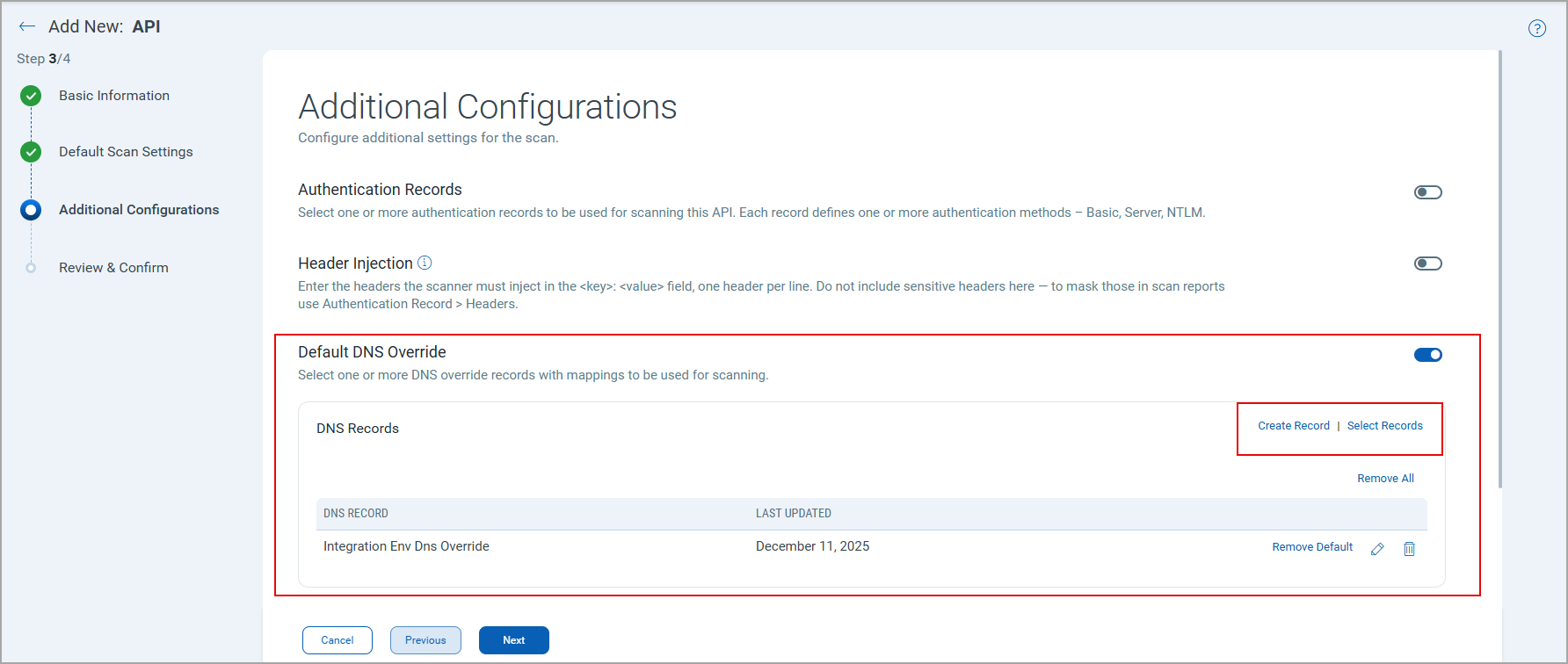 Default DNS Override toggle in Additional Configuration in API creation workflow.