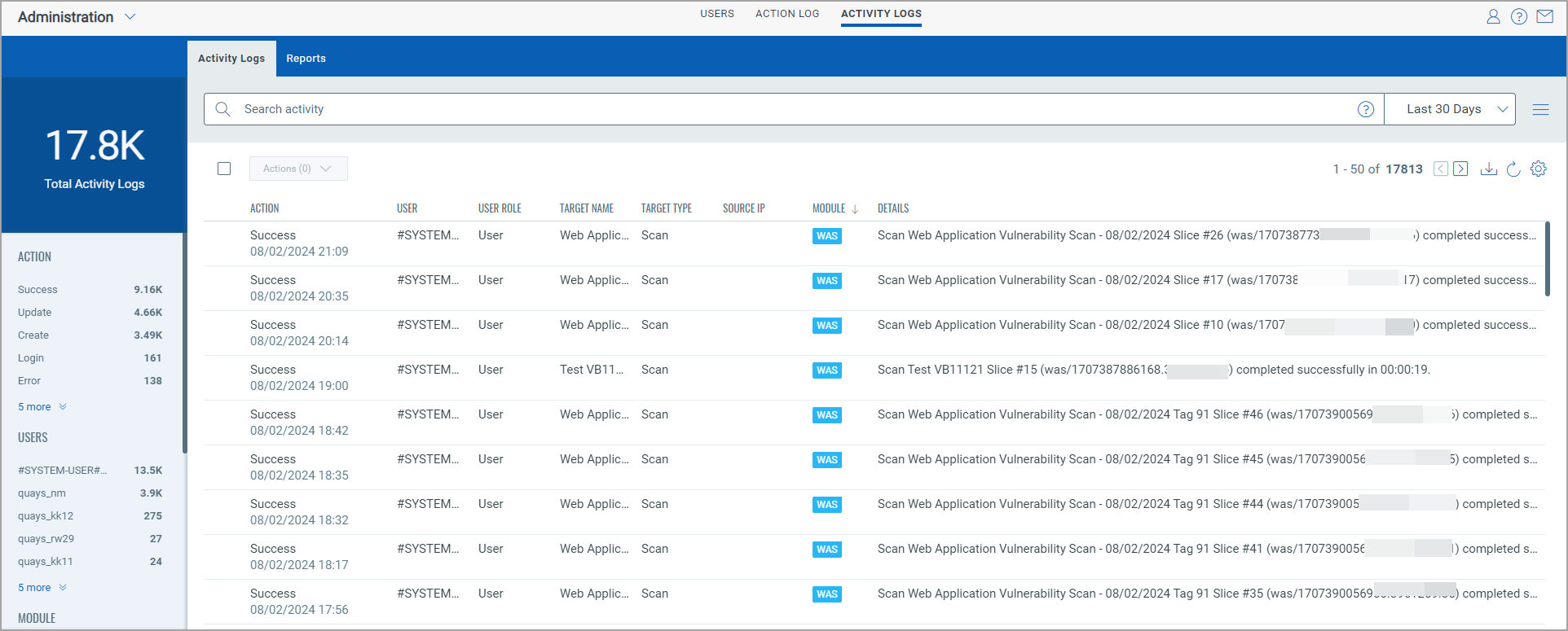 audit log service in administration module.