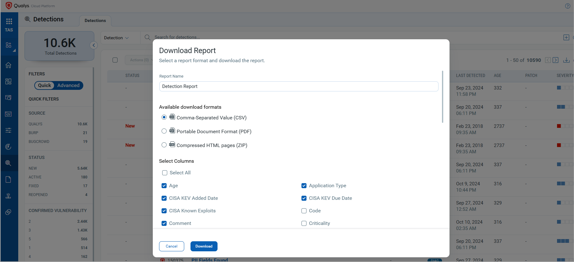 configure columns for detection datalist reports.
