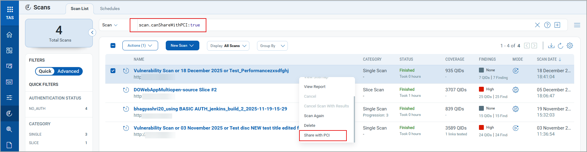An option to share TAS Scan data with PCI Compliance.