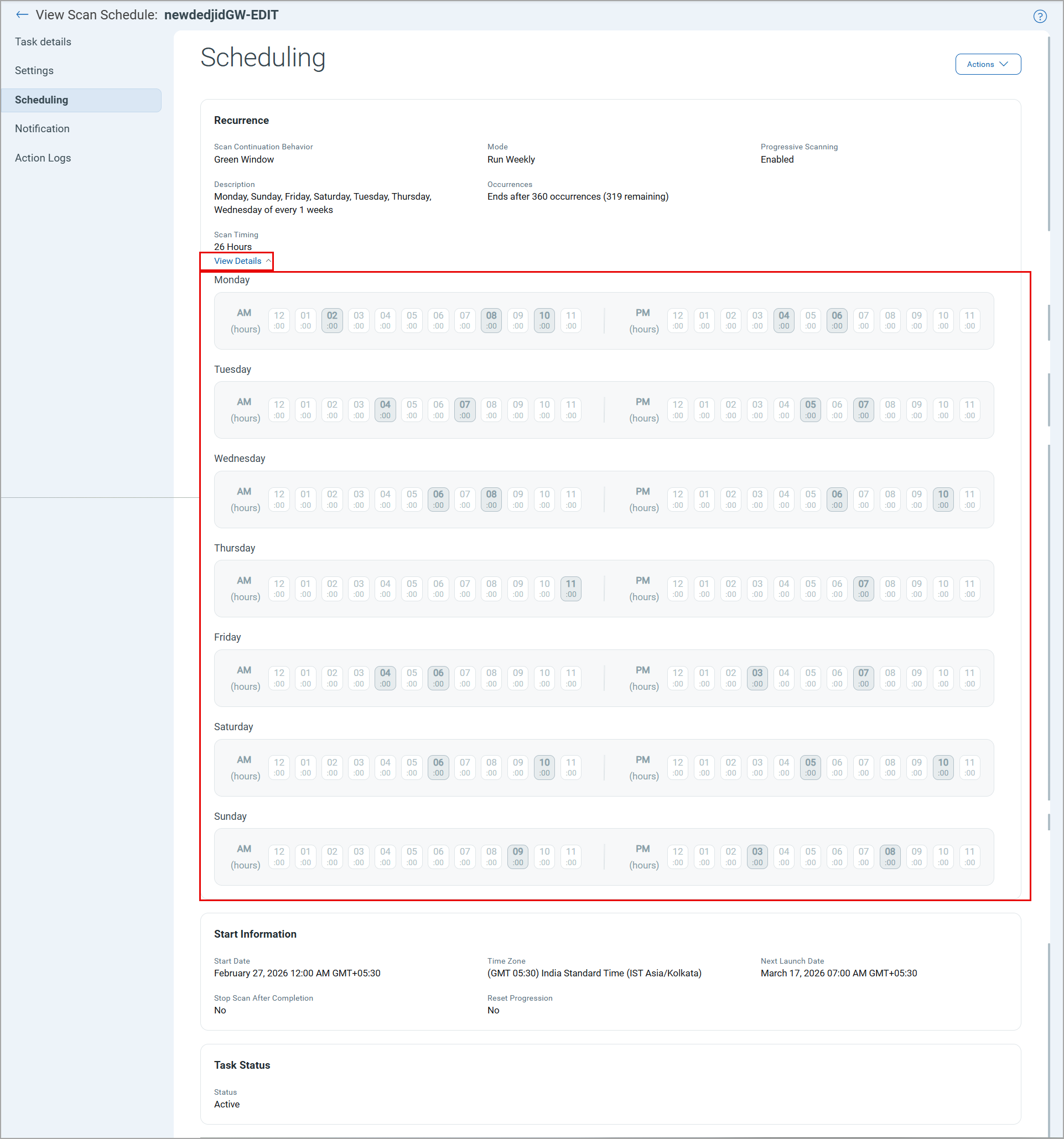 View scan schedule with green window timeslots.