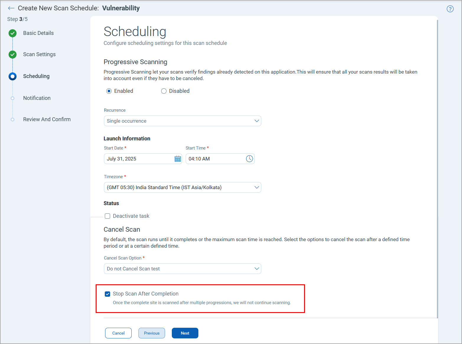 Stop Cancel After Completion checkbox in vulnerability scan scheduling