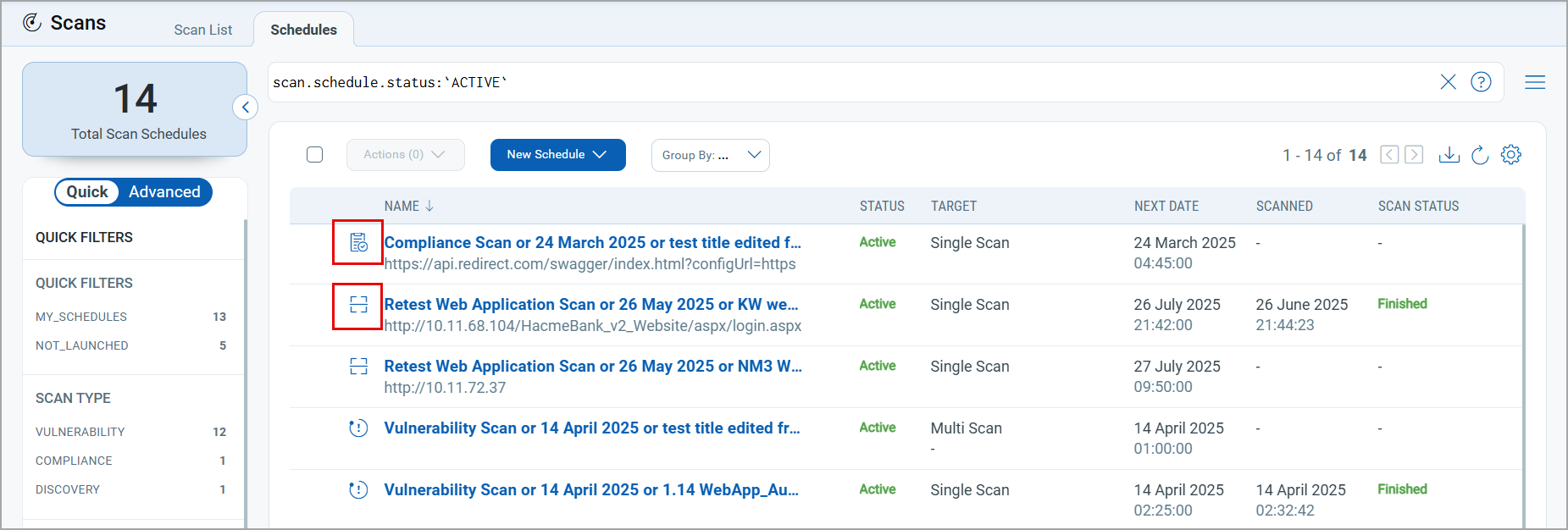compliance and webapp retest in the Schedules tab.