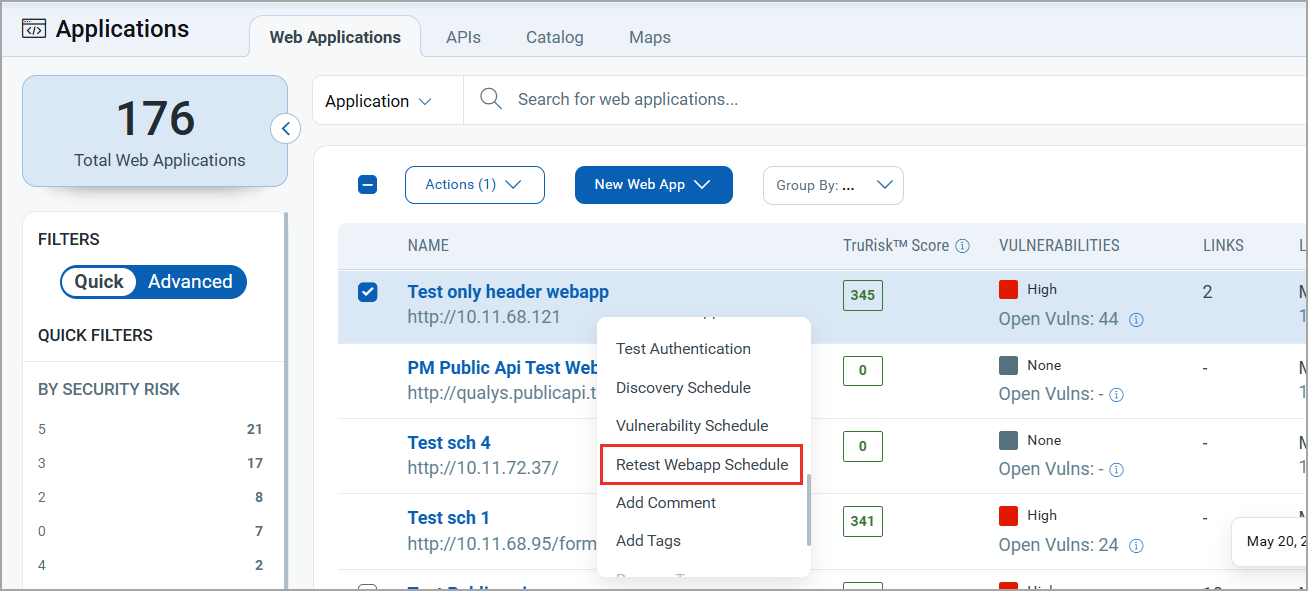 Retest Webapp Schedule in Web Applications tab.