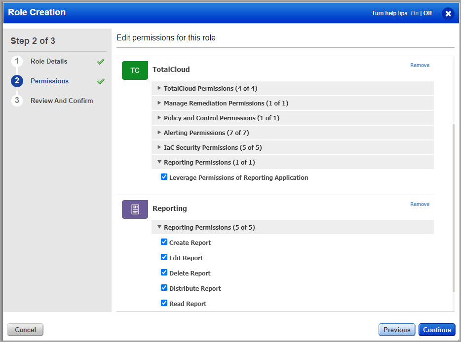 List of reporting permissions