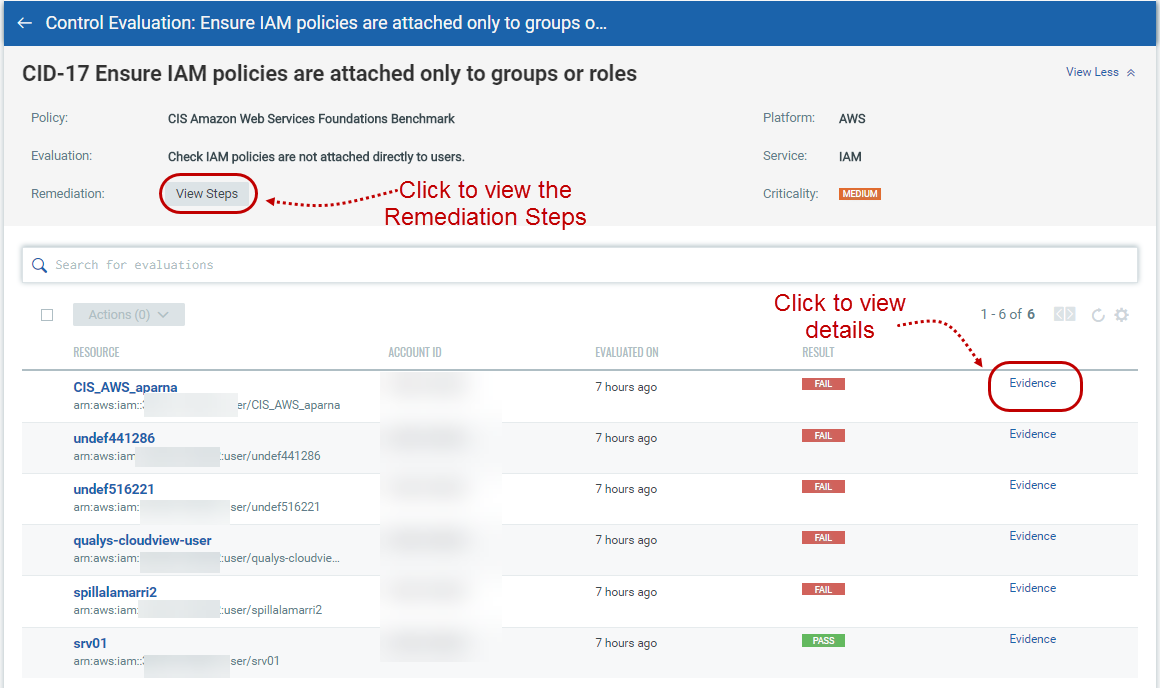 Control details with Remediation steps and evidence details option highlighted.