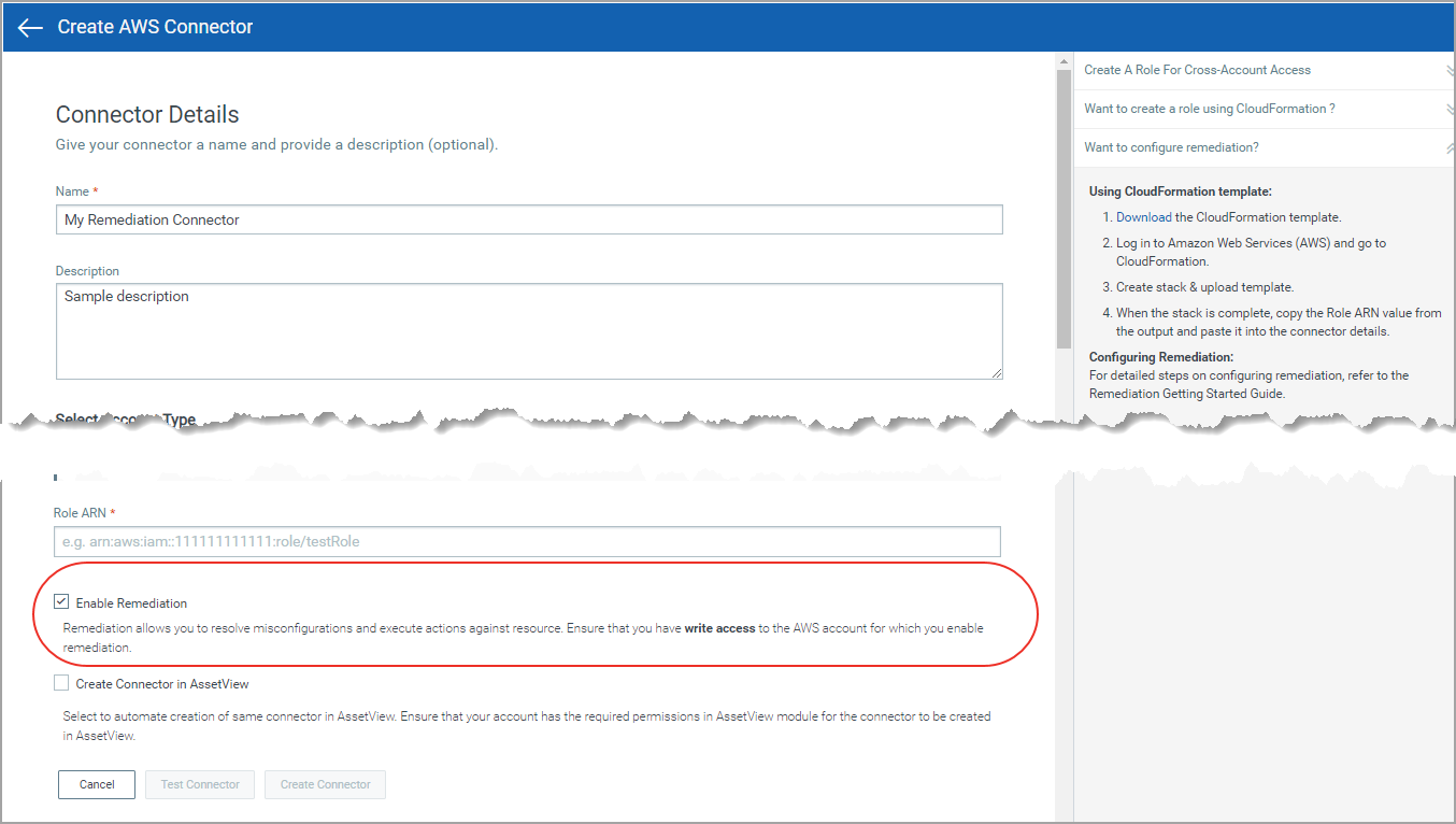 Option to Enable Remediation during connector creation process.