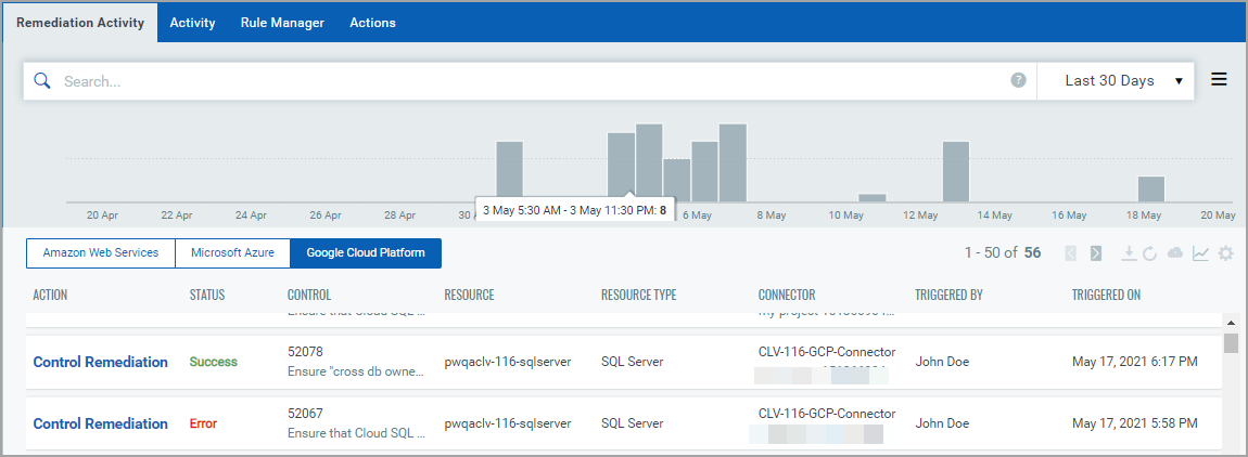 Log of remediation activities triggered for GCP connectors