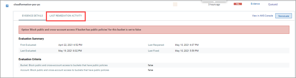 The evidence section listing remediation details.