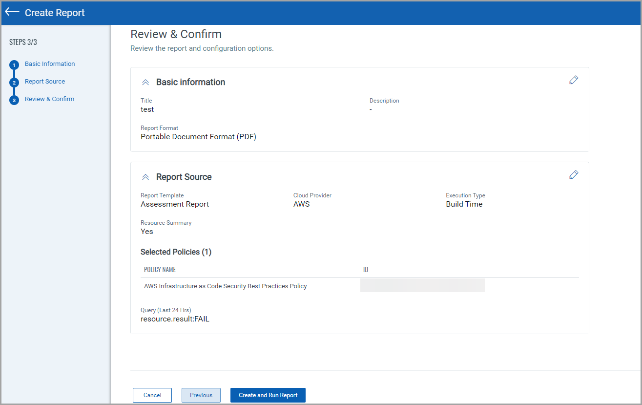 Summary displaying the report settings.