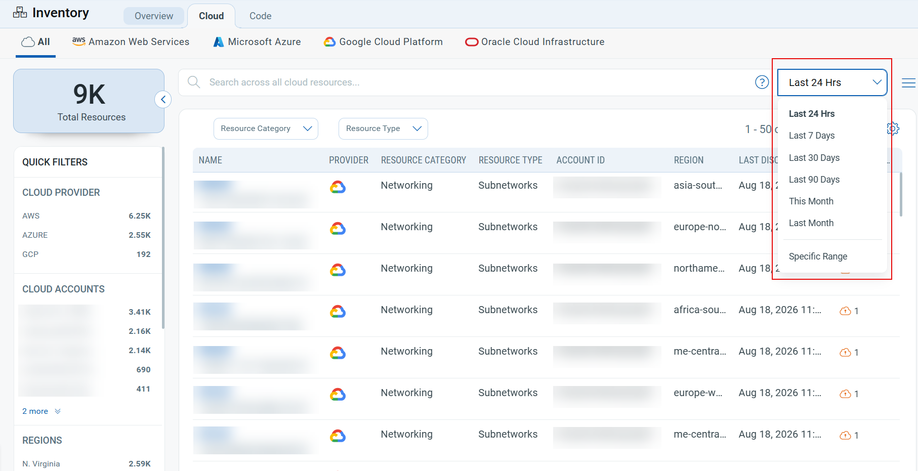 Date range filtering applied across all inventory resource types