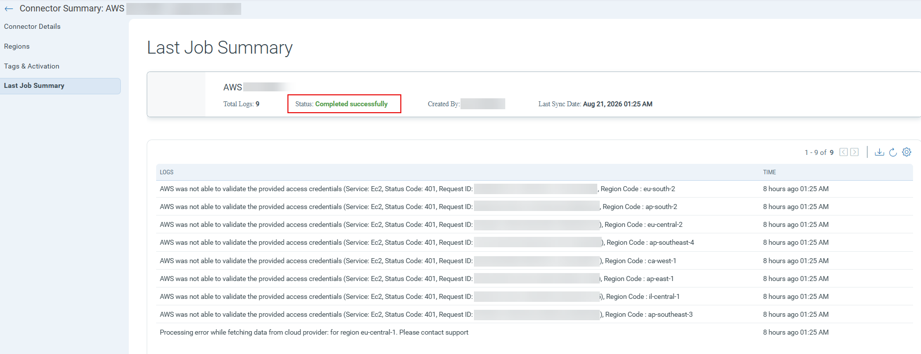 CSPM connector health monitoring logs