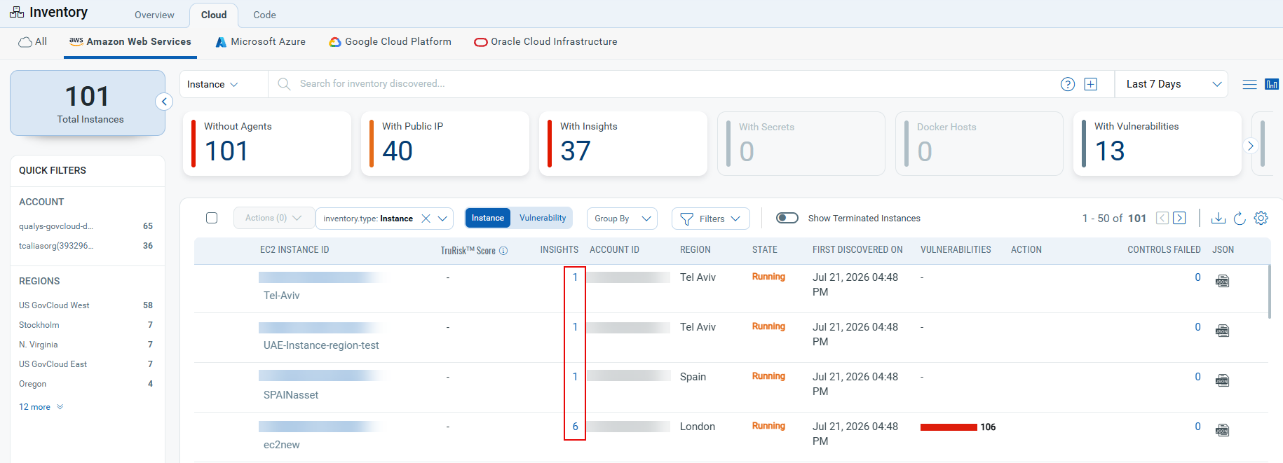 Instance listing page showing attack path insight count badge
