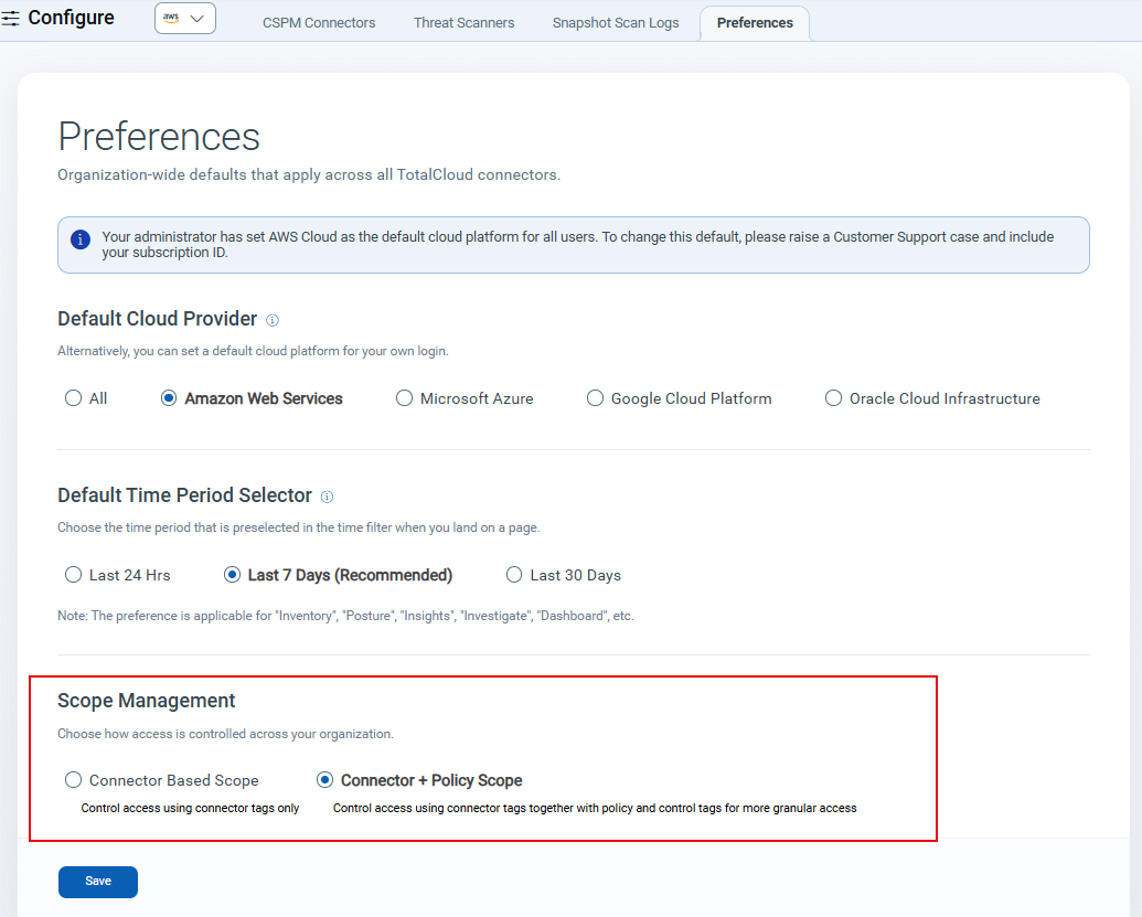 Scope Management settings panel showing Connector + Policy Scope option