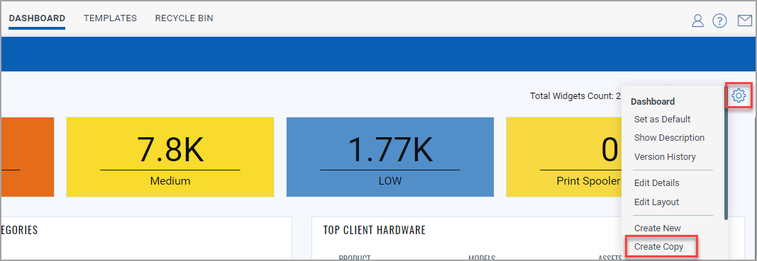 Create Copy option in dashboard tools menu