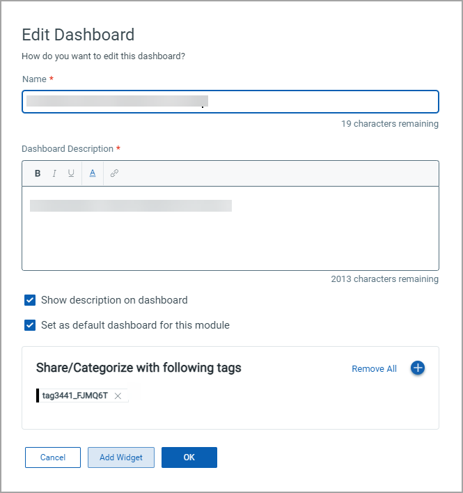 Edit dashboard window