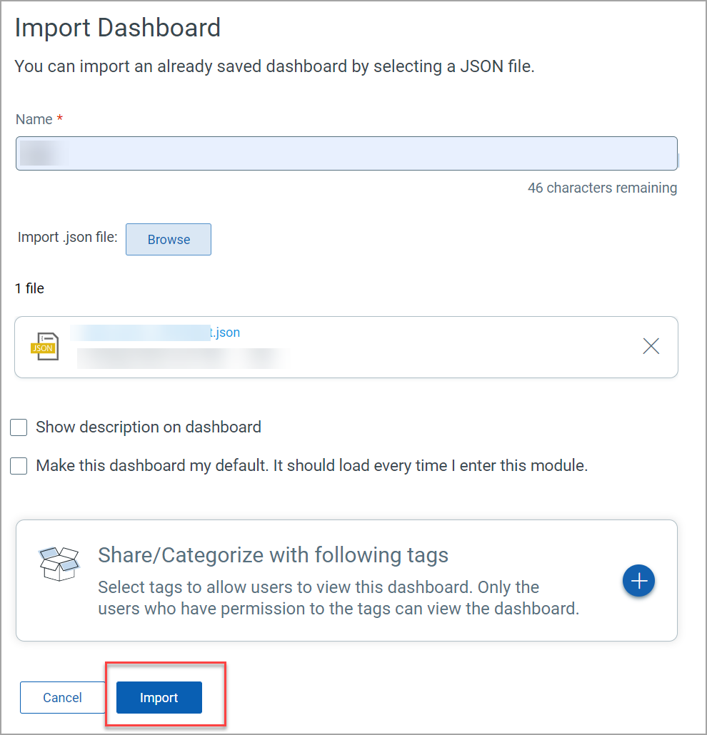 Import dashboard menu