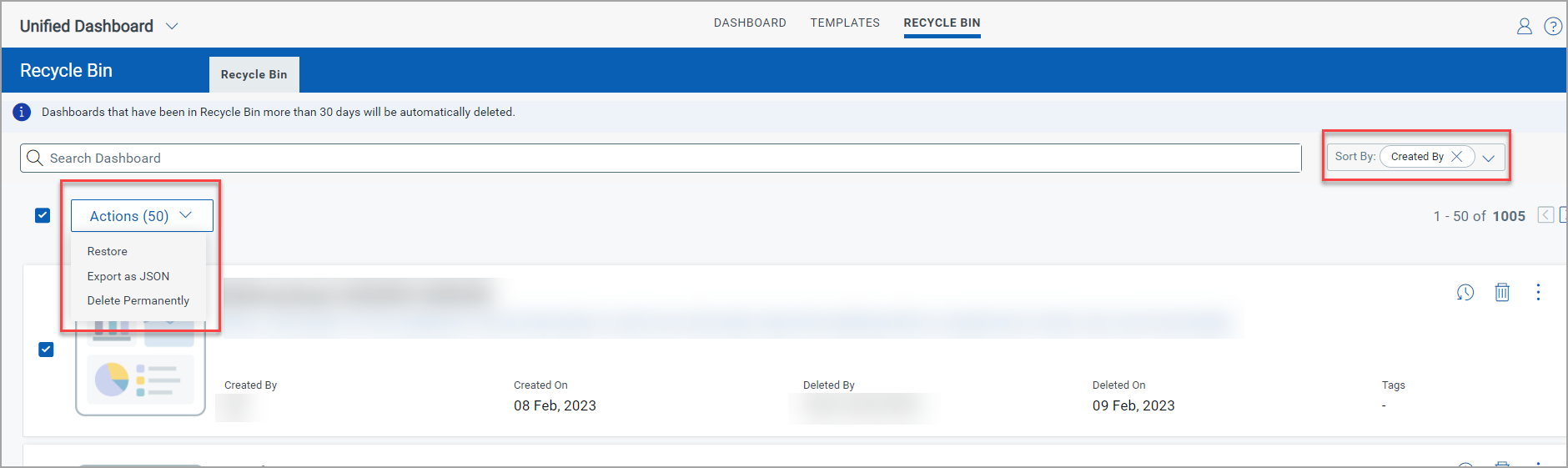 Recycle Bin Actions and Sort By fields