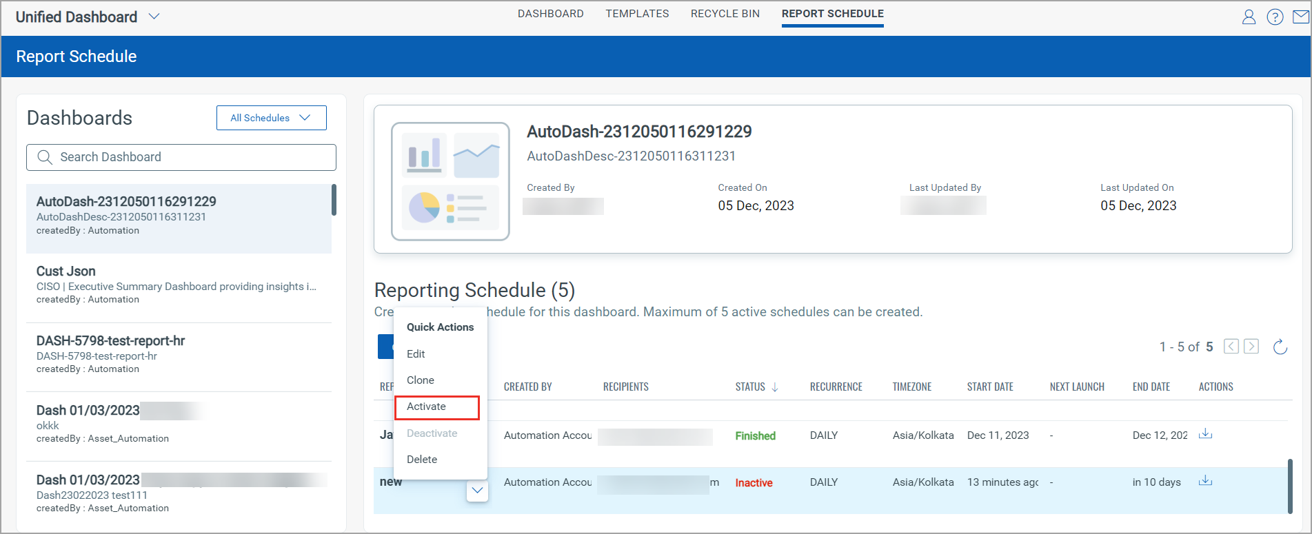 Activate report schedule