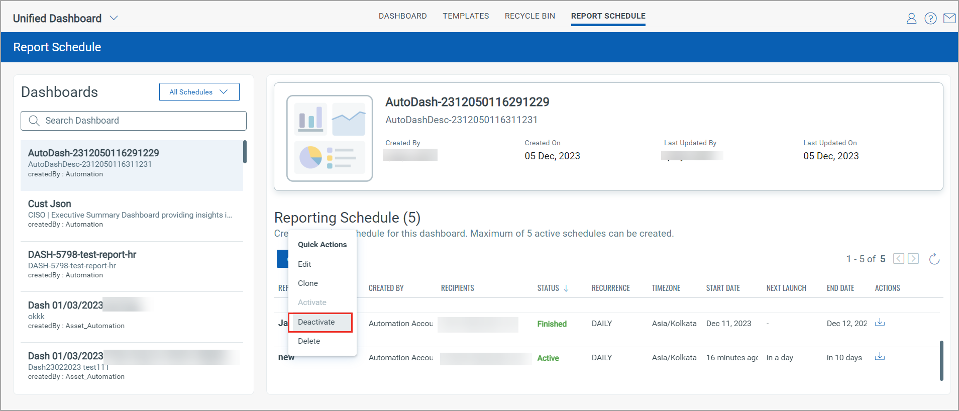 deactivate report schedule