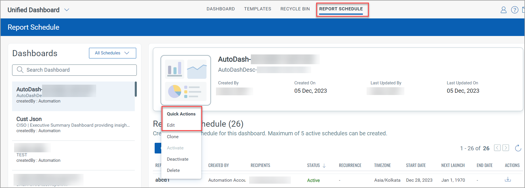 Edit Schedule option in the Report Schedule tab.