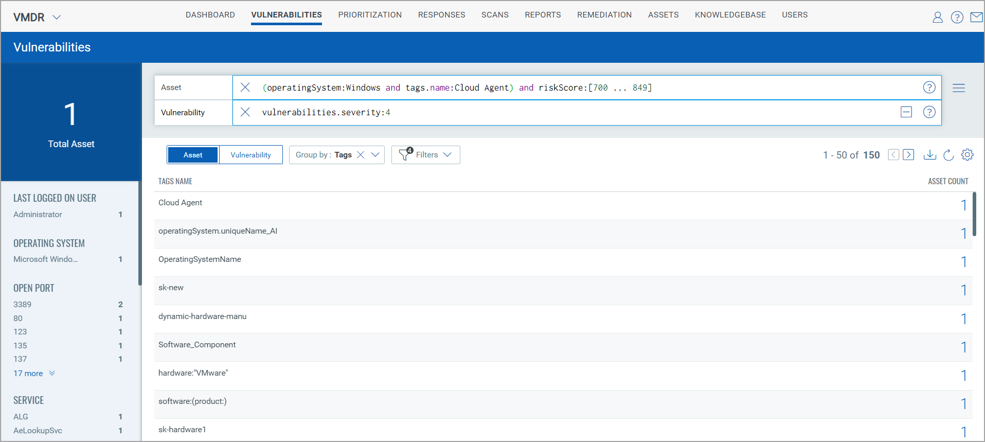 Vulnerabilities page after selecting outer circle of the bubble widget